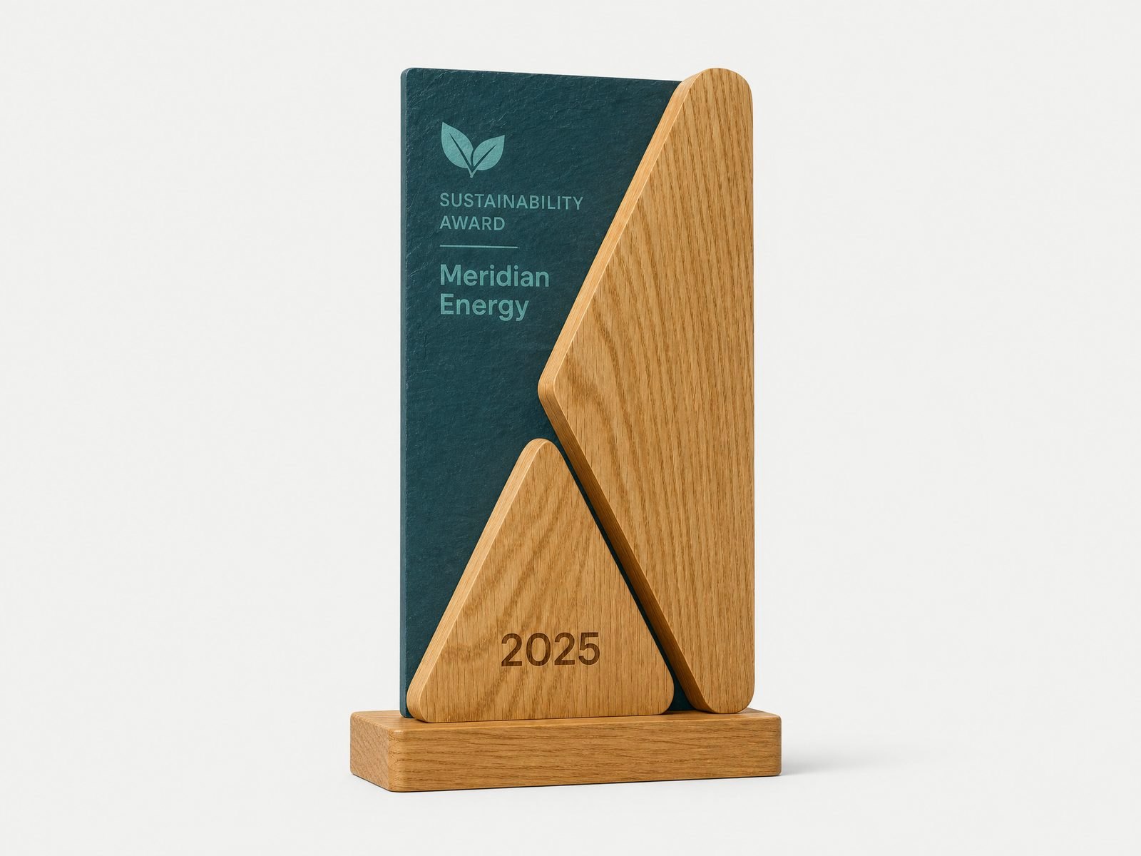 A coloured acrylic form set on a solid wood base.