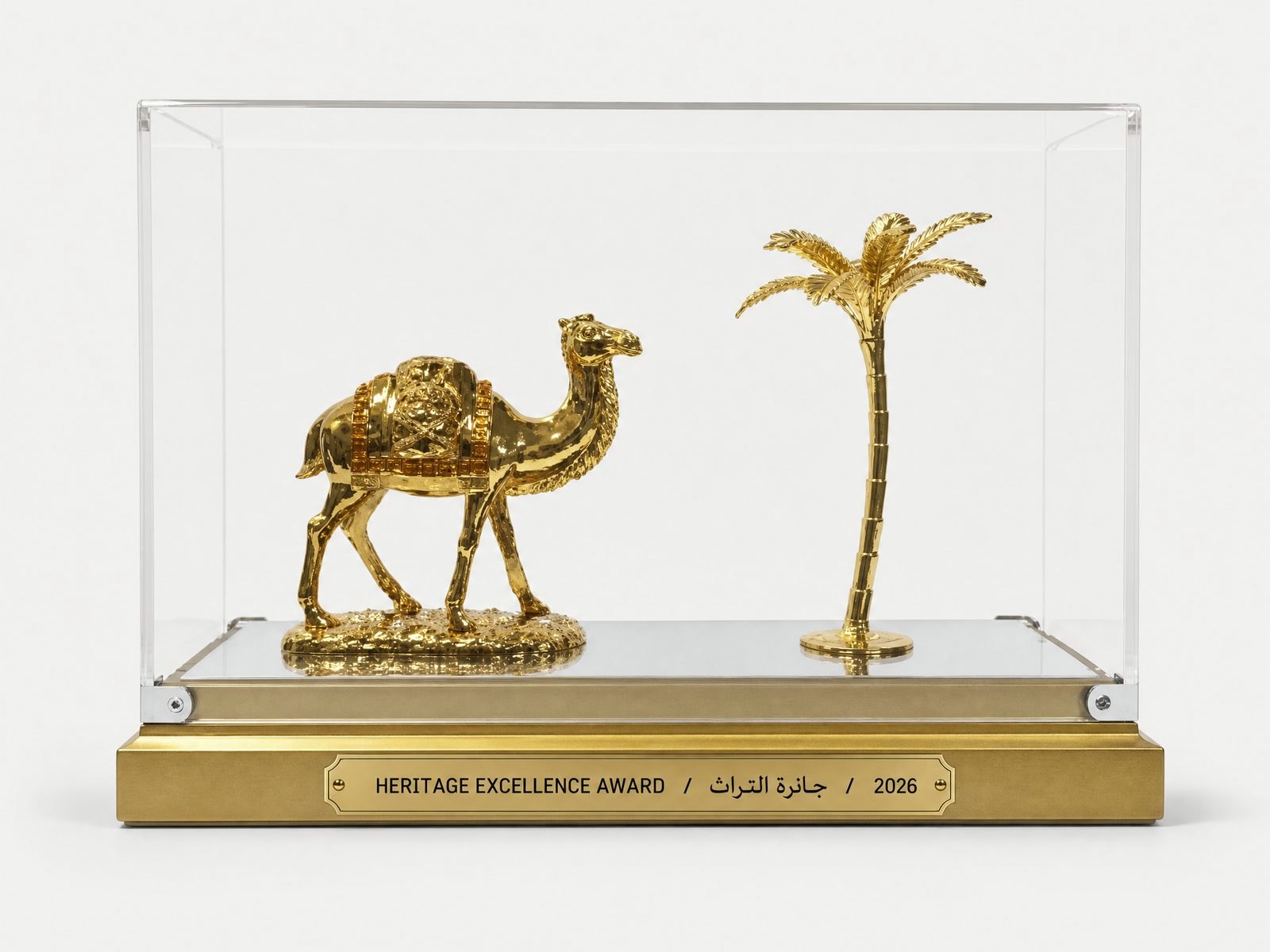 Gold-finished camel and palm desk pieces presented in a display case.