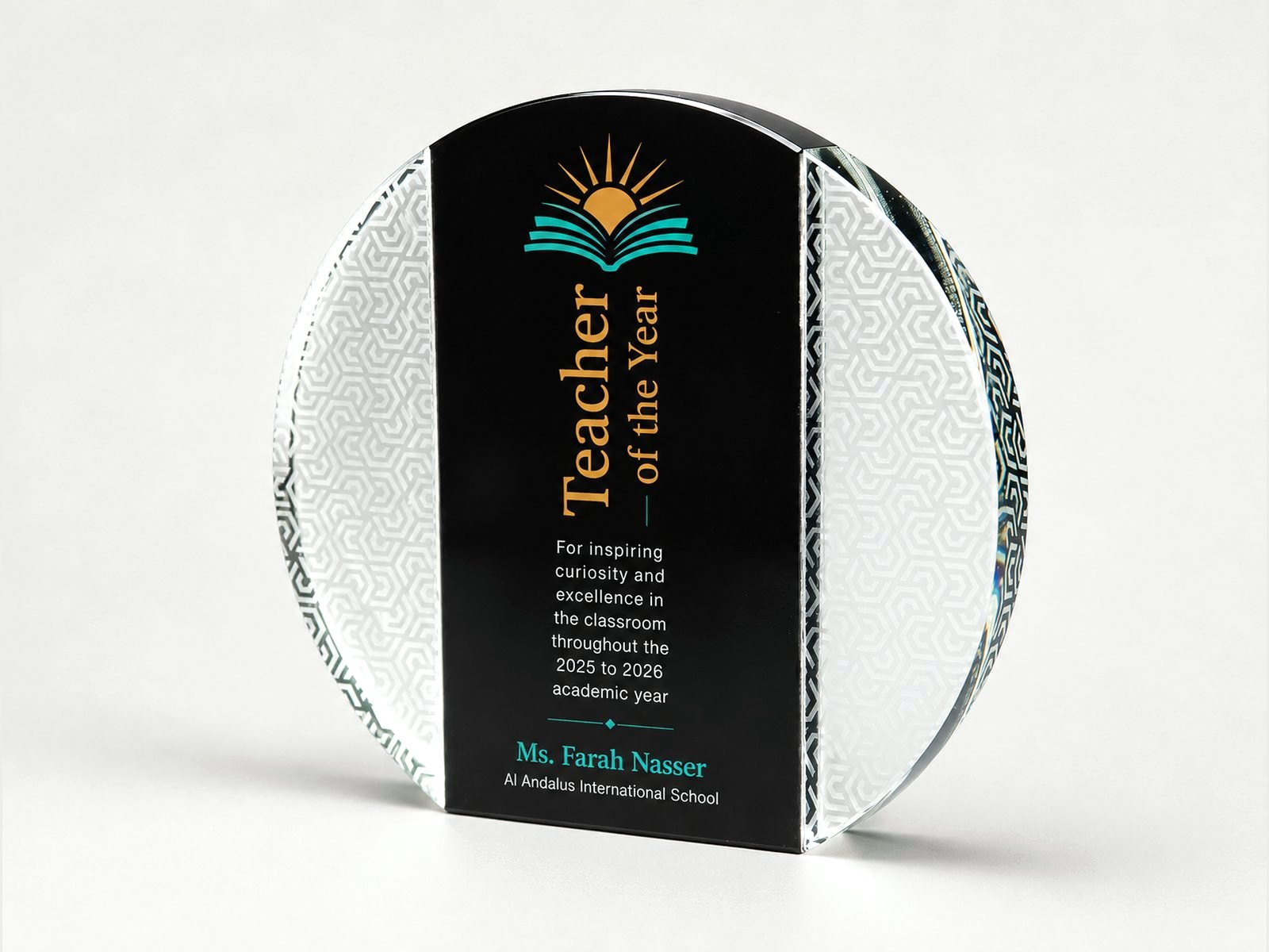 A round crystal printed edge to edge in full colour.