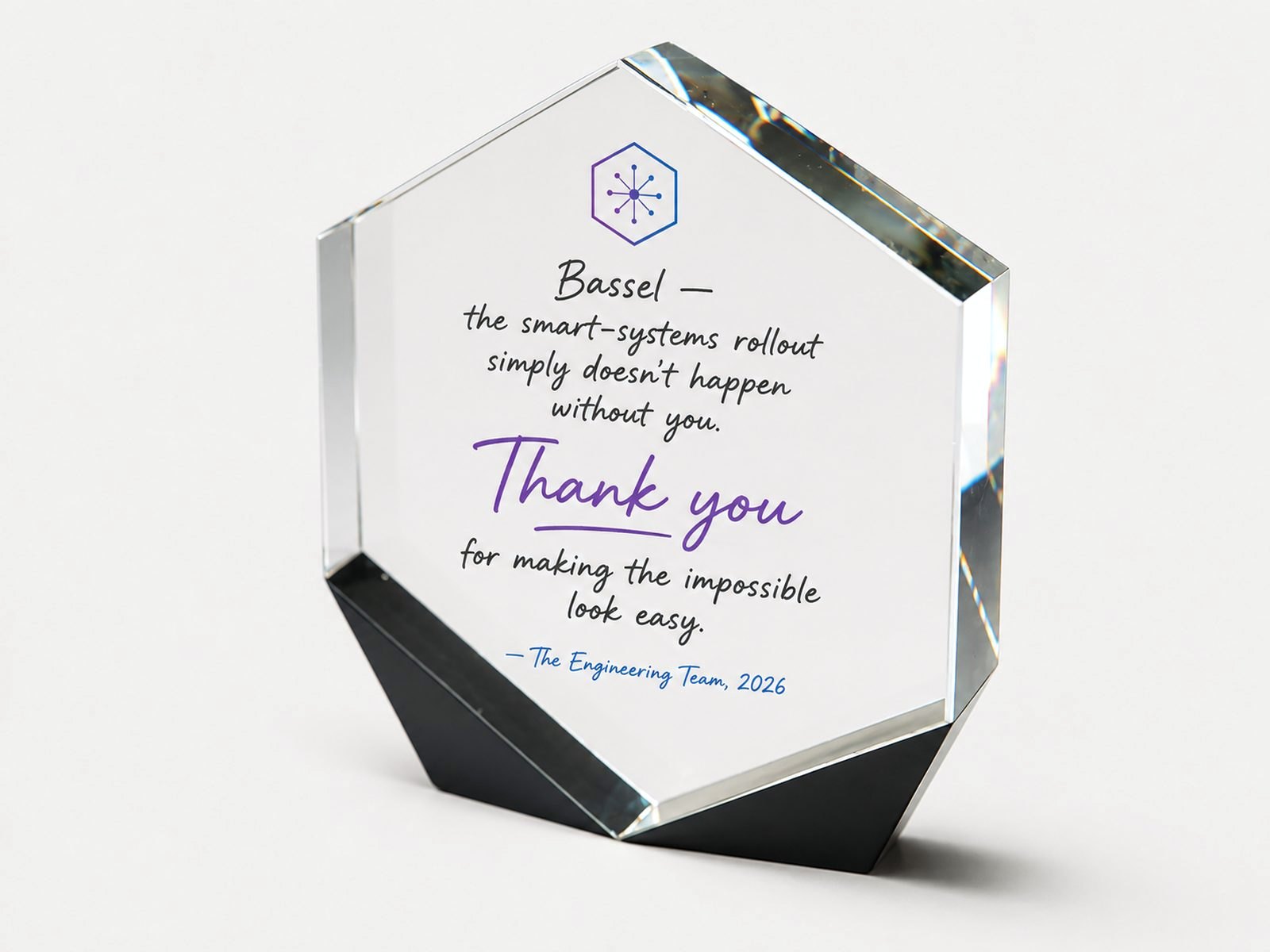 A six-sided optical crystal with clean bevelled edges.
