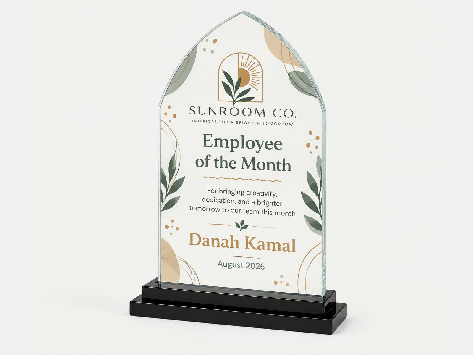 A rounded arch-topped crystal with full-colour print on a black base.