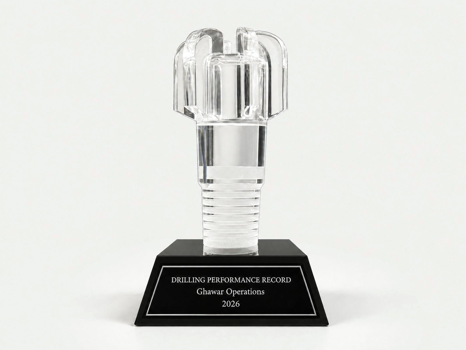 A crystal drill-bit model on a black base.