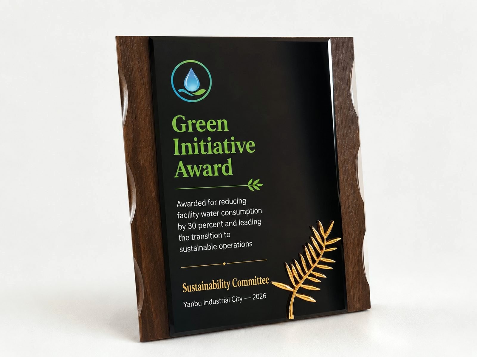 A dark walnut plaque with a wave-cut edge and printed artwork.