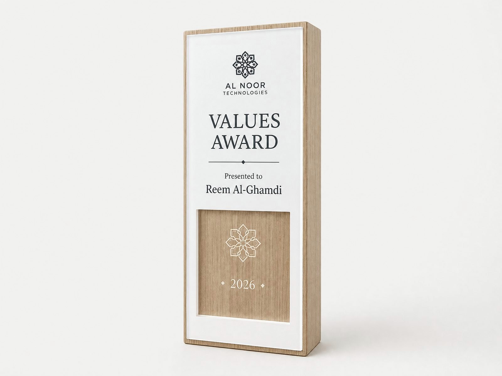 An upright wood block fronted with a clear acrylic panel.