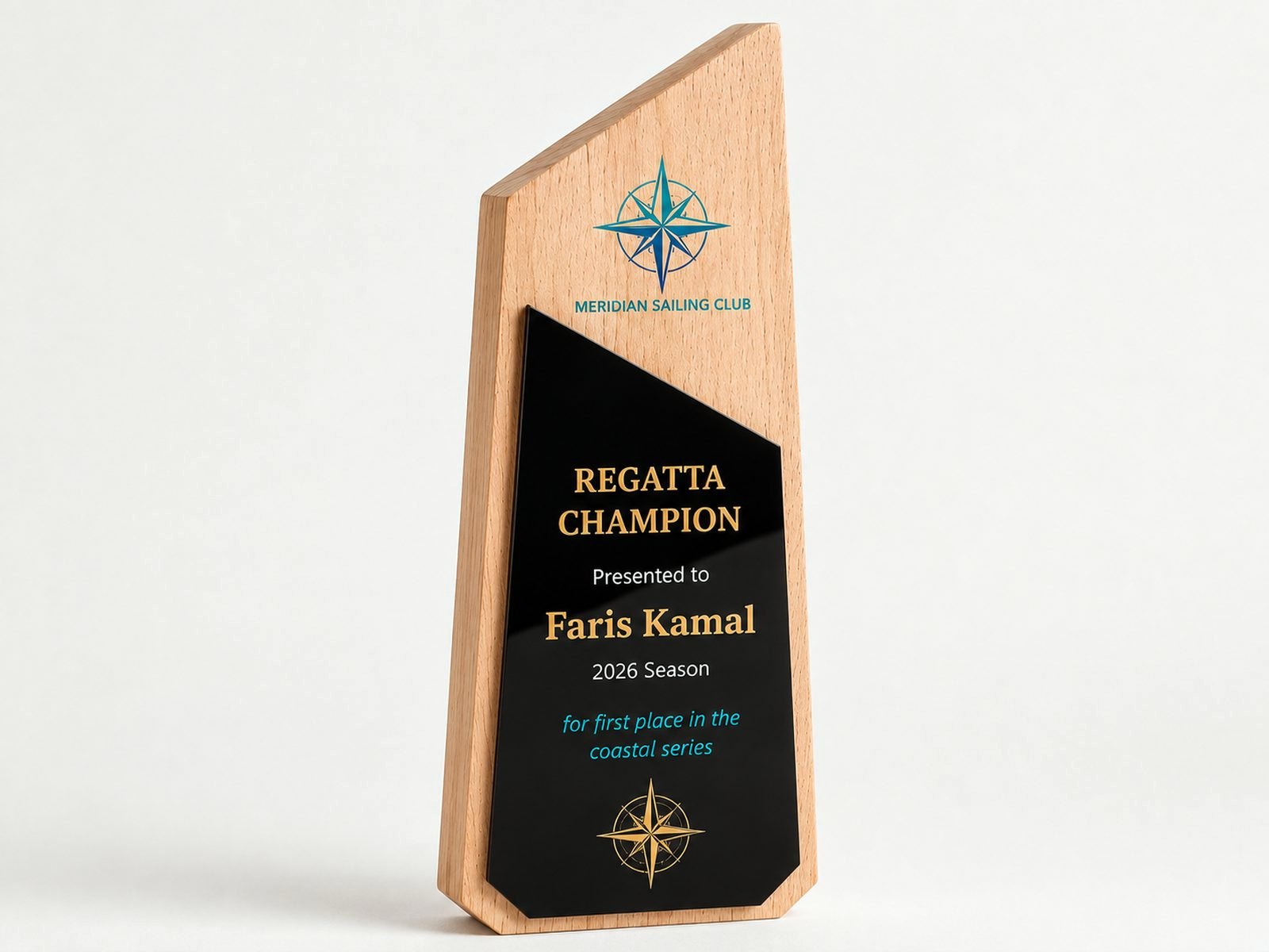 A light beech award with an angled top and printed artwork.