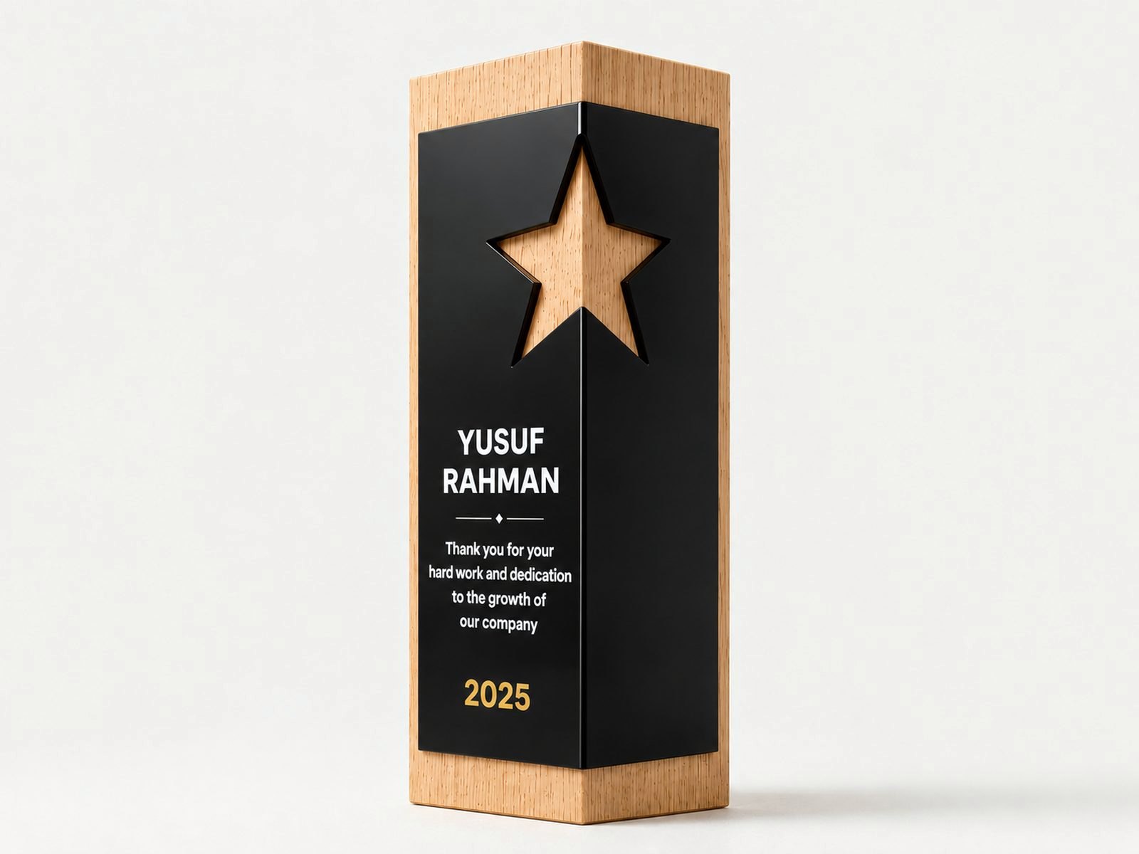 An upright wood award with a black inset panel and a gold star.