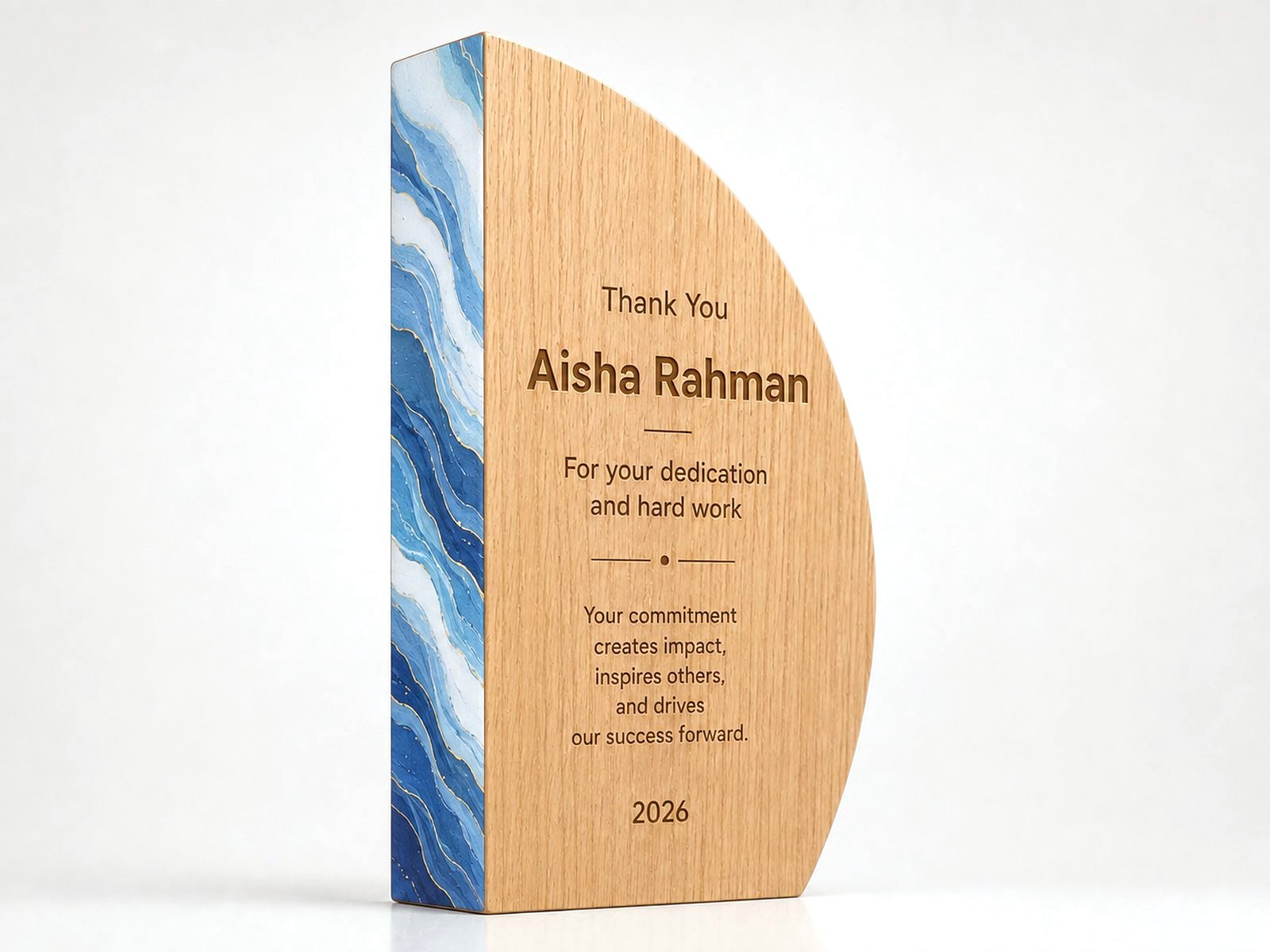A curved wood award with a printed wave panel.