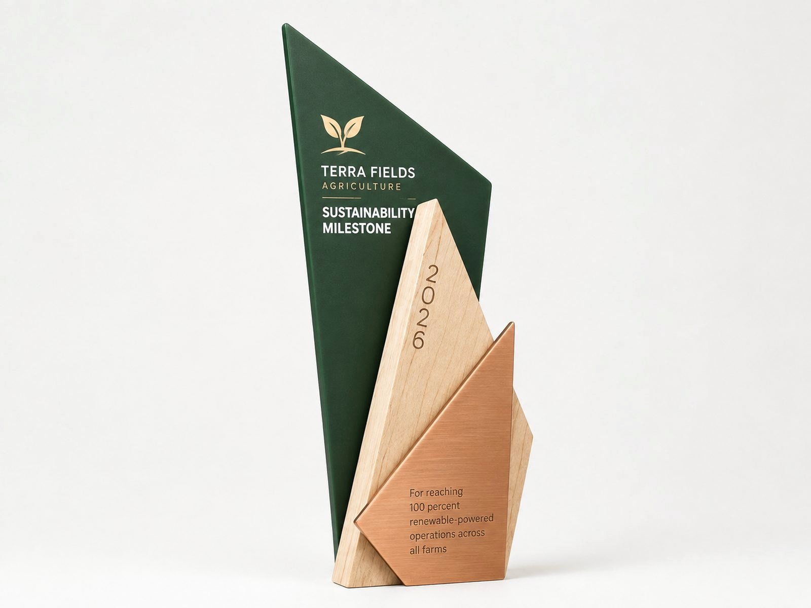 An angular wood award with stepped peaks and a green accent.