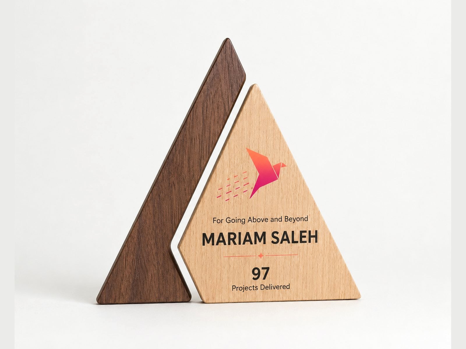A triangular award in two shades of wood with a printed accent.