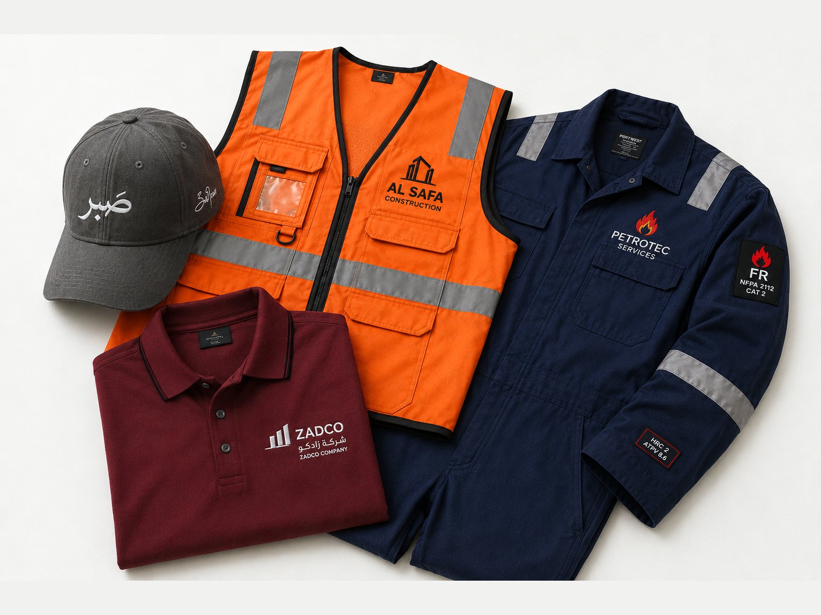 Printed and embroidered caps, vests and polos