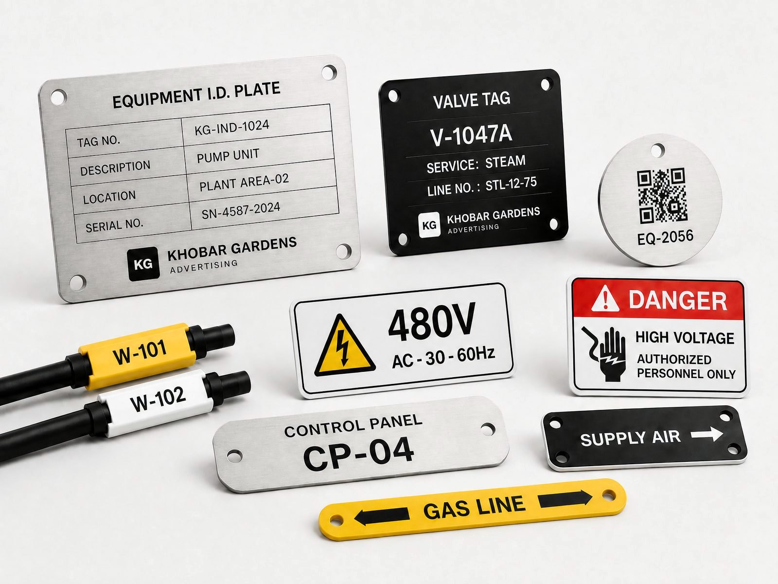Industrial identification samples: a stainless steel equipment dataplate, a valve tag, a QR asset tag, cable markers, voltage and high voltage warning labels, a control panel plate and a pipe marker
