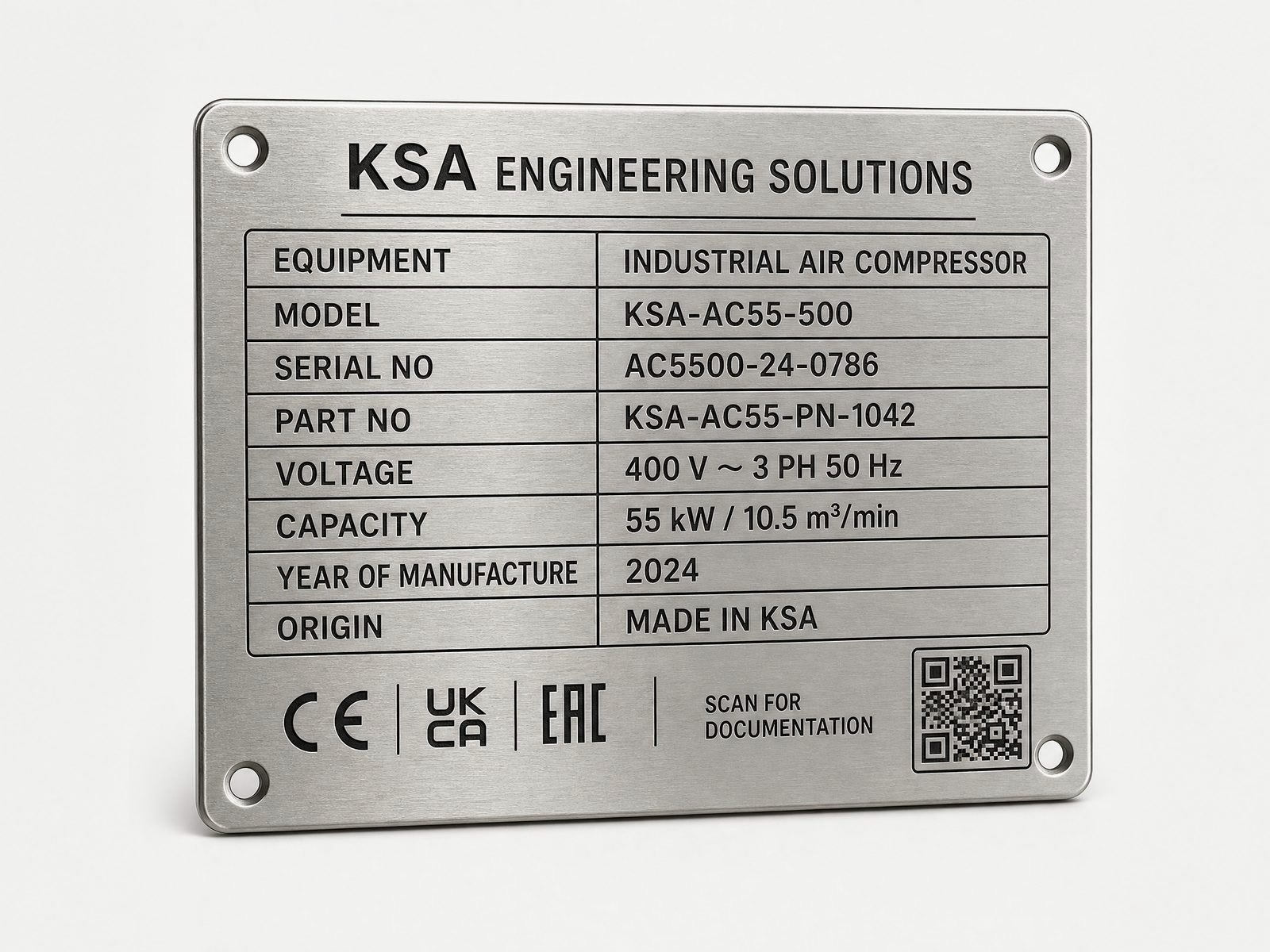 Engraved stainless steel equipment dataplate with data laid out in a table