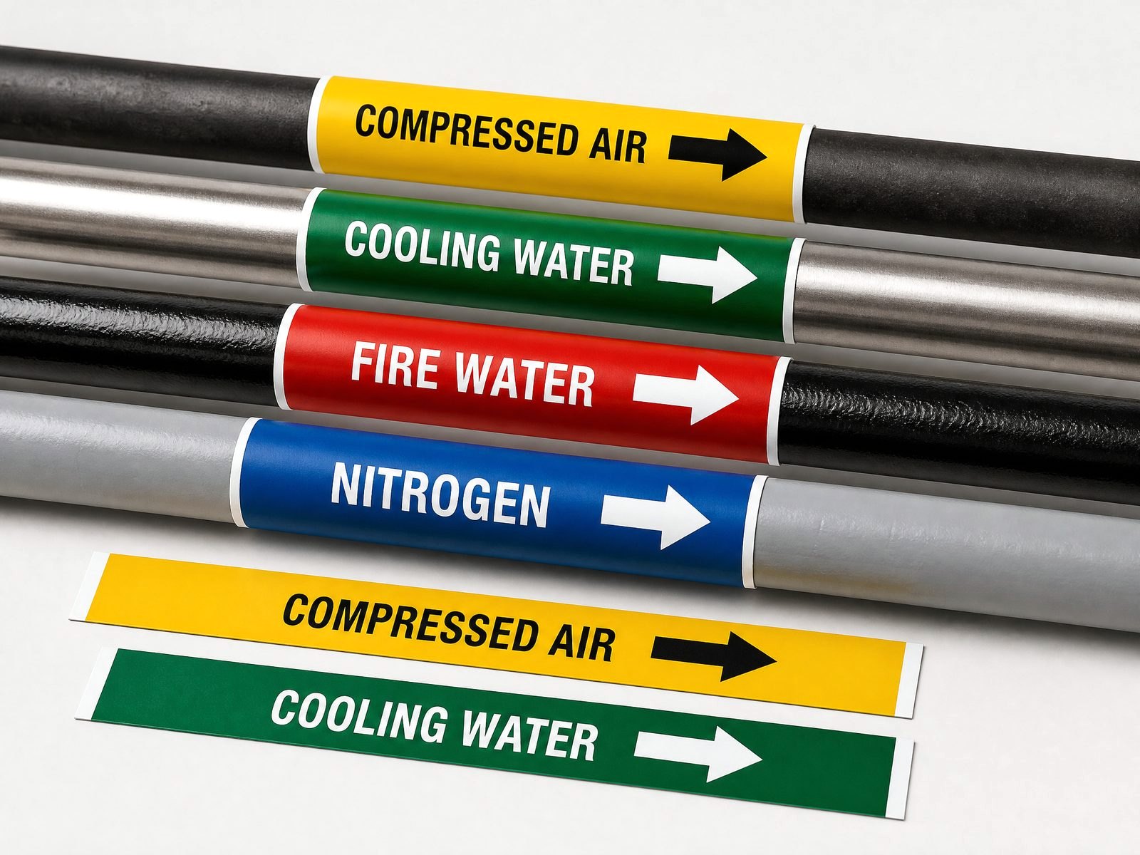 Pipe marking labels showing contents and flow direction