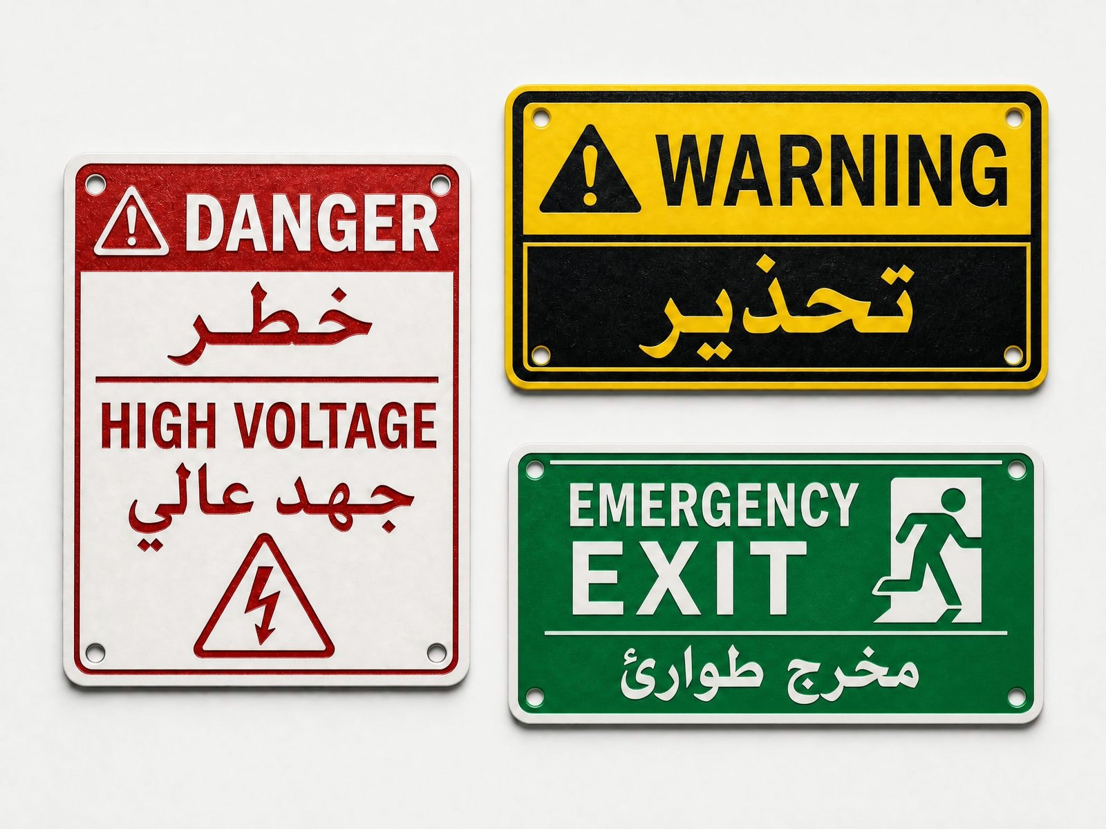 Engraved industrial safety and warning signs