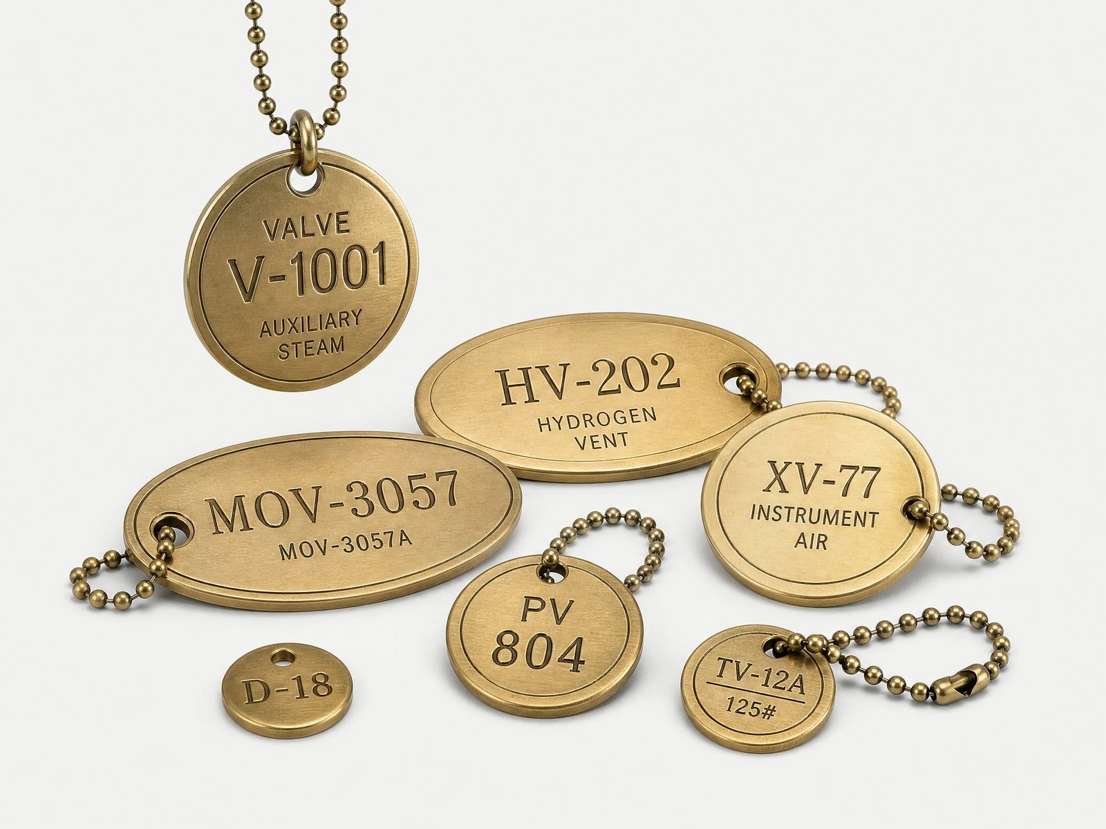 Numbered stainless steel and brass valve tags