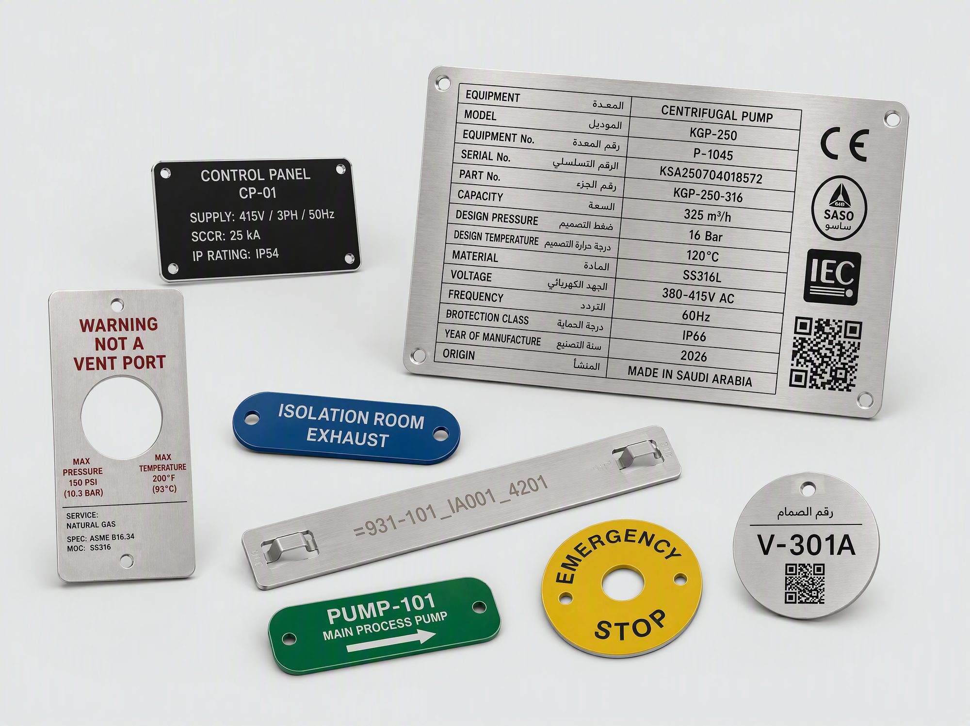 Engraved stainless steel equipment dataplate with serial number and ratings